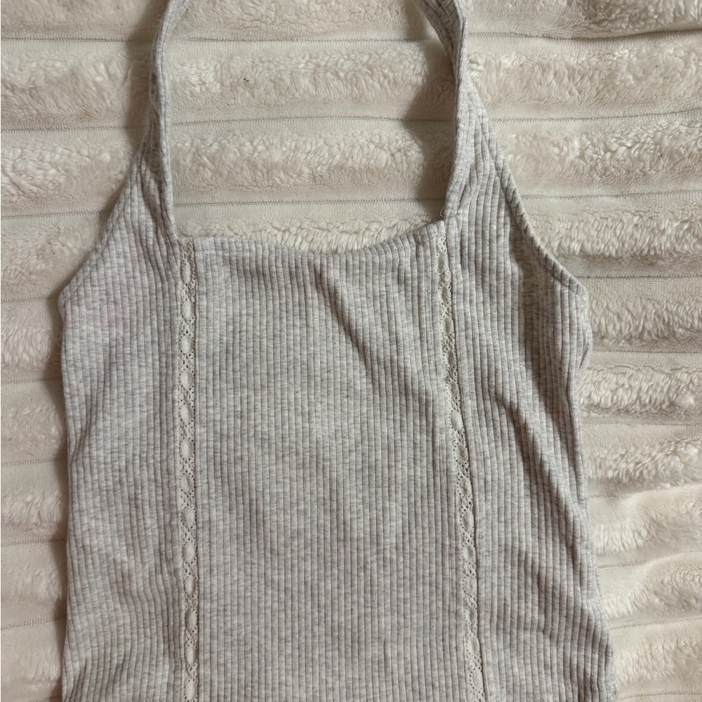 American Eagle Outfitters Light Gray Ribbed Lace-Trim Tank Top
